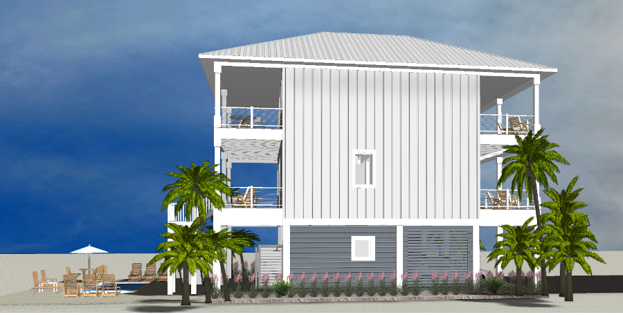Modern beach or vacation house 3D rendering designed by the architecture firm Born Architects, which serves the northwestern Florida area including Port St. Joe, Gulf Breeze, St. George Island, Cape San Blas, Mexico Beach, and the Emerald Coast.