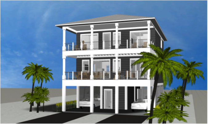 Modern beach or vacation house 3D rendering designed by the architecture firm Born Architects, which serves residential builders in the northwestern Florida area including Port St. Joe, Gulf Breeze, St. George Island, Cape San Blas, Mexico Beach, and