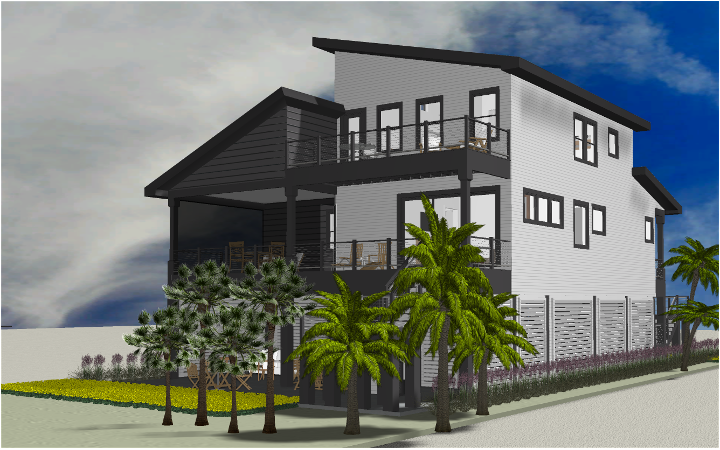 Modern beach or vacation house 3D rendering designed by the architecture firm Born Architects, which serves residential builders in the northwestern Florida area including Port St. Joe, Gulf Breeze, St. George Island, Cape San Blas, Mexico Beach, and