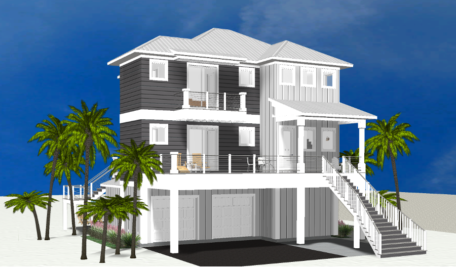 Modern beach or vacation house with a pool 3D rendering designed by the architecture firm Born Architects, which serves residential builders in the northwestern Florida area including Port St. Joe, Gulf Breeze, St. George Island, Cape San Blas, Mexic