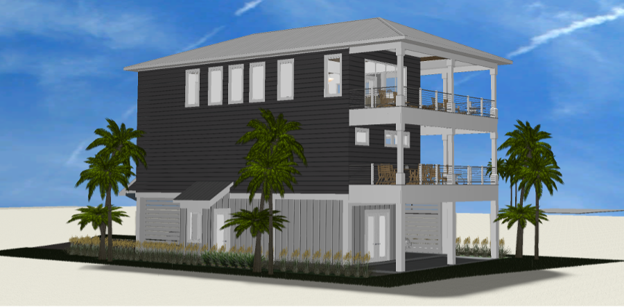 Modern beach or vacation house 3D rendering designed by the architecture firm Born Architects, which serves the northwestern Florida area including Port St. Joe, Gulf Breeze, St. George Island, Cape San Blas, Mexico Beach, and the Emerald Coast.