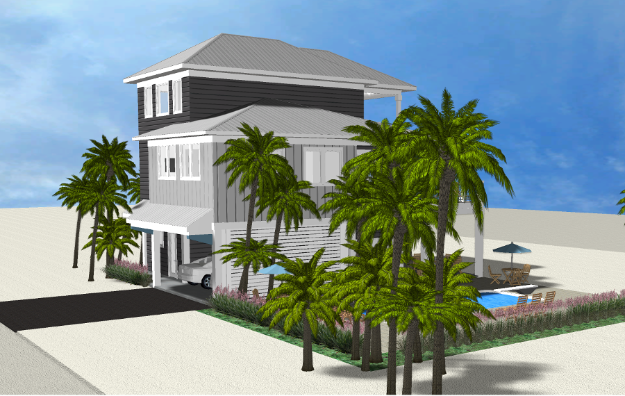 Modern beach or vacation house 3D rendering designed by the architecture firm Born Architects, which serves residential builders in the northwestern Florida area including Port St. Joe, Gulf Breeze, St. George Island, Cape San Blas, Mexico Beach, and