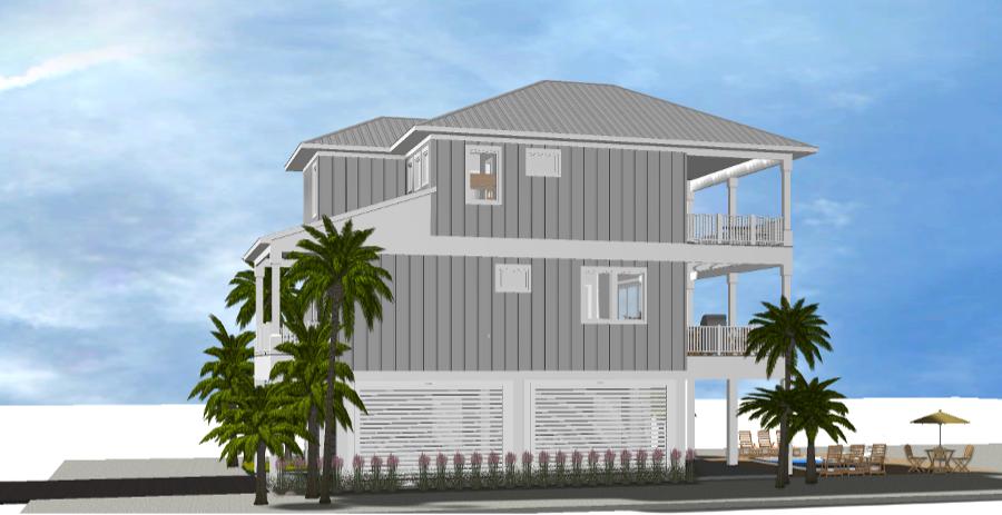 Modern beach or vacation house 3D rendering designed by the architecture firm Born Architects, which serves the northwestern Florida area including Port St. Joe, Gulf Breeze, St. George Island, Cape San Blas, Mexico Beach, and the Emerald Coast.