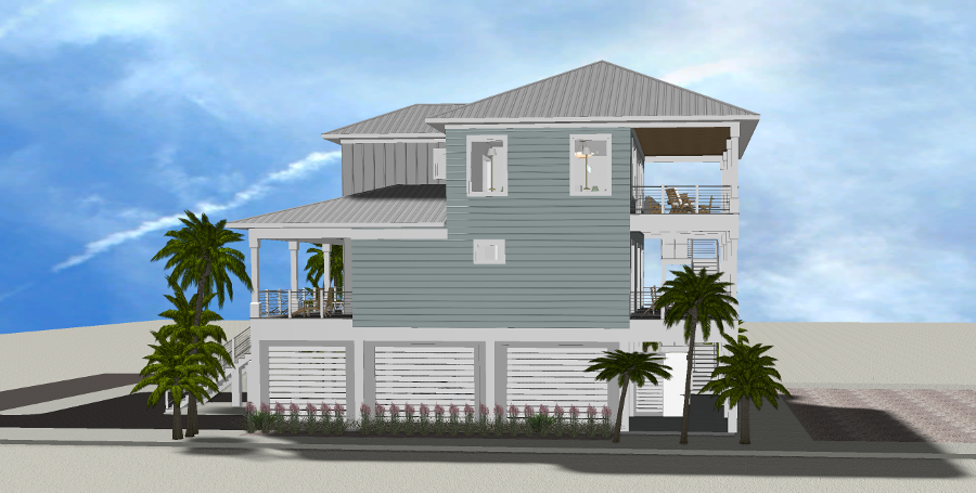 Modern beach or vacation house 3D rendering designed by the architecture firm Born Architects, which serves residential builders in the northwestern Florida area including Port St. Joe, Gulf Breeze, St. George Island, Cape San Blas, Mexico Beach, and