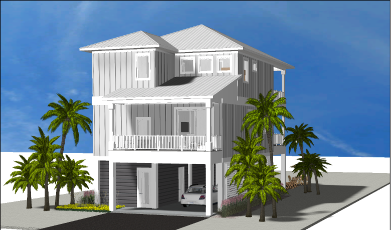 Modern beach or vacation house 3D rendering designed by the architecture firm Born Architects, which serves the northwestern Florida area including Port St. Joe, Gulf Breeze, St. George Island, Cape San Blas, Mexico Beach, and the Emerald Coast.