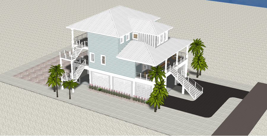 Modern beach or vacation house 3D rendering designed by the architecture firm Born Architects, which serves residential builders in the northwestern Florida area including Port St. Joe, Gulf Breeze, St. George Island, Cape San Blas, Mexico Beach, and