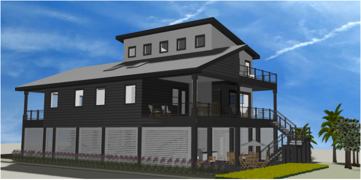 Modern beach or vacation house 3D rendering designed by the architecture firm Born Architects, which serves residential builders in the northwestern Florida area including Port St. Joe, Gulf Breeze, St. George Island, Cape San Blas, Mexico Beach, and