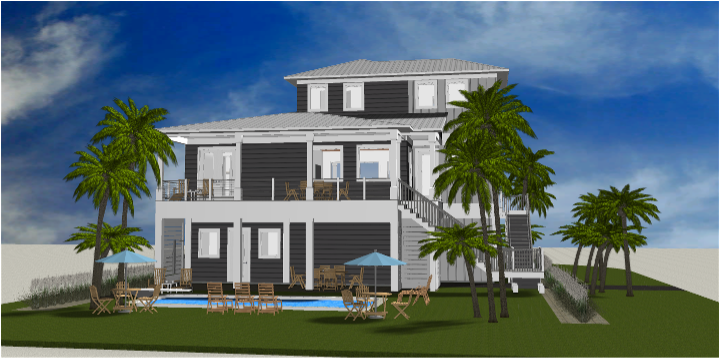 Modern beach or vacation house with a pool 3D rendering designed by the architecture firm Born Architects, which serves the northwestern Florida area including Port St. Joe, Gulf Breeze, St. George Island, Cape San Blas, Mexico Beach, and the Emerald