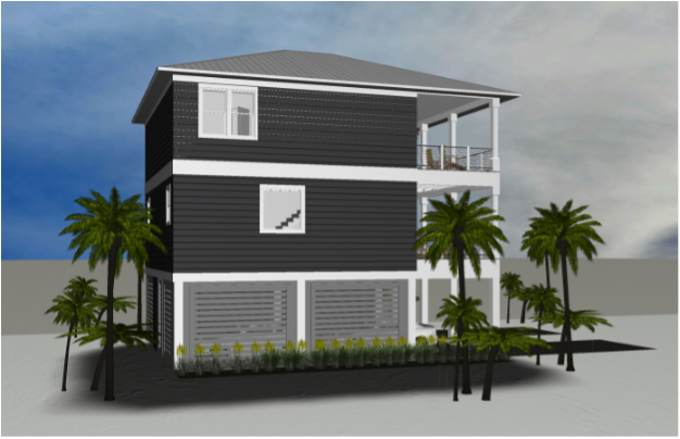 Modern beach or vacation house 3D rendering designed by the architecture firm Born Architects, which serves residential builders in the northwestern Florida area including Port St. Joe, Gulf Breeze, St. George Island, Cape San Blas, Mexico Beach, and