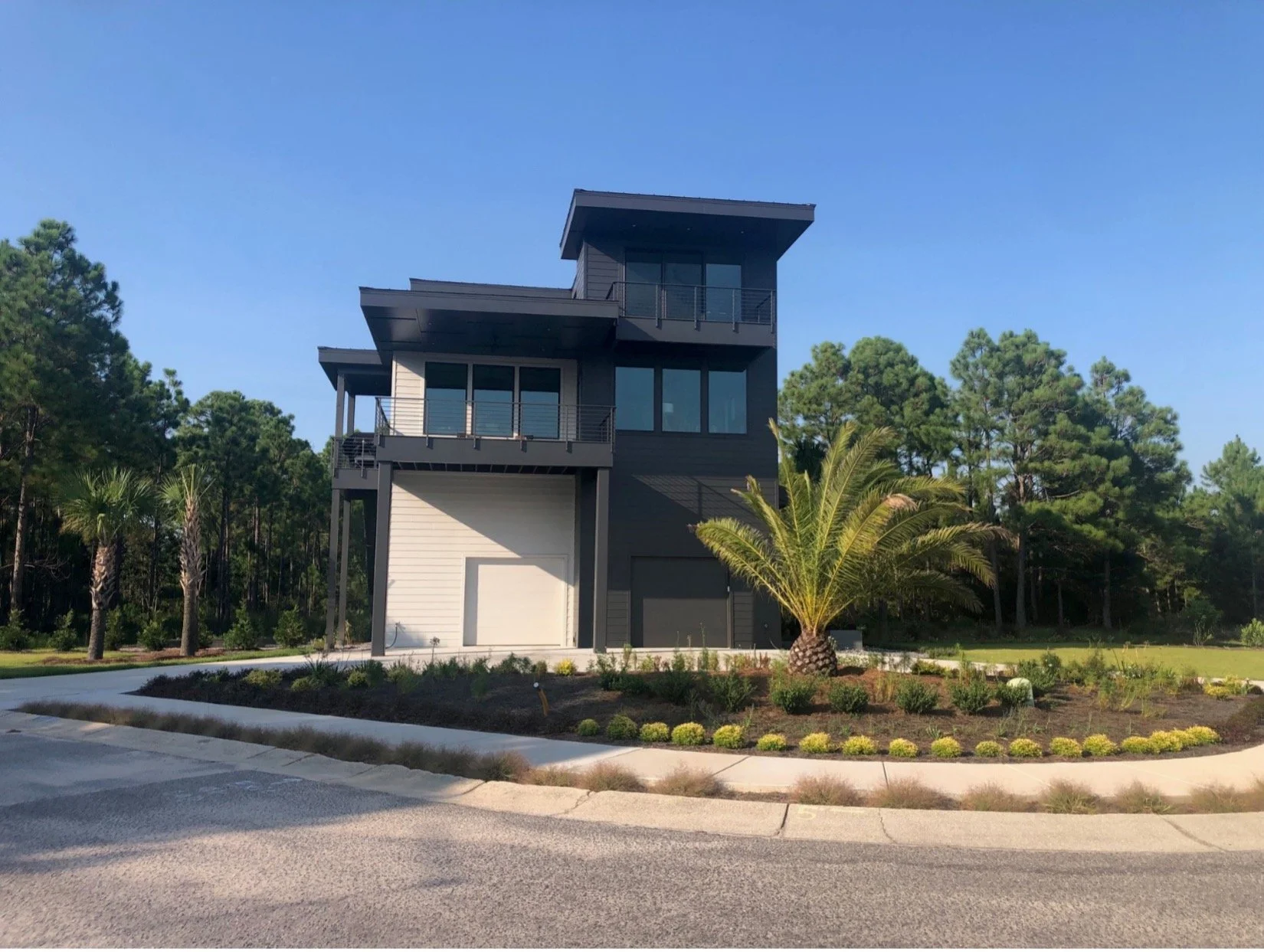 Contemporary house with dark exterior, large windows, surrounded by trees and shrubs, located at a street corner.