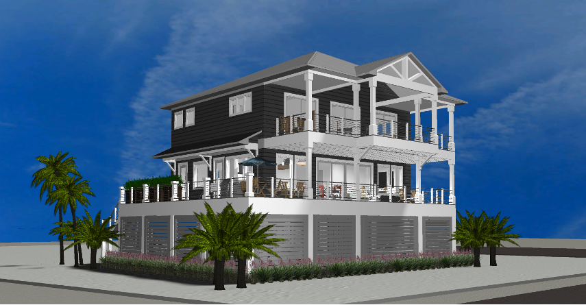 Modern beach or vacation house 3D rendering designed by the architecture firm Born Architects, which serves the northwestern Florida area including Port St. Joe, Gulf Breeze, St. George Island, Cape San Blas, Mexico Beach, and the Emerald Coast.