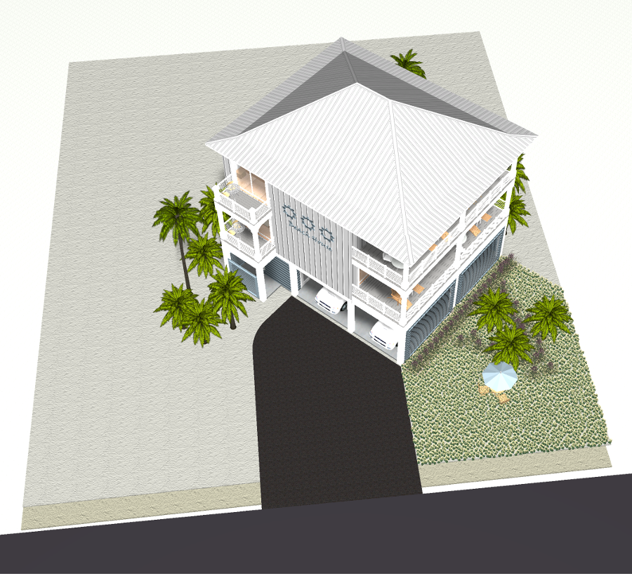 Modern beach or vacation house 3D rendering designed by the architecture firm Born Architects, which serves residential builders in the northwestern Florida area including Port St. Joe, Gulf Breeze, St. George Island, Cape San Blas, Mexico Beach, and