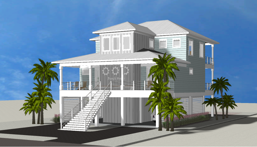 Modern beach or vacation house 3D rendering designed by the architecture firm Born Architects, which serves residential builders in the northwestern Florida area including Port St. Joe, Gulf Breeze, St. George Island, Cape San Blas, Mexico Beach, and