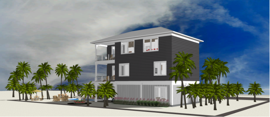 Modern beach or vacation house 3D rendering designed by the architecture firm Born Architects, which serves residential builders in the northwestern Florida area including Port St. Joe, Gulf Breeze, St. George Island, Cape San Blas, Mexico Beach, and