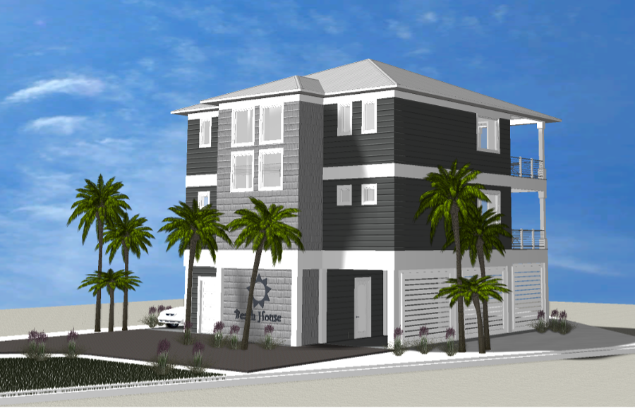 Modern beach or vacation house 3D rendering designed by the architecture firm Born Architects, which serves residential builders in the northwestern Florida area including Port St. Joe, Gulf Breeze, St. George Island, Cape San Blas, Mexico Beach, and