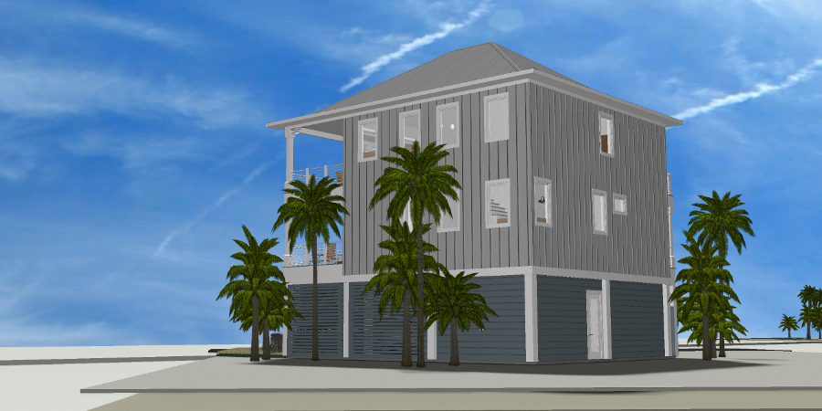 Modern beach or vacation house 3D rendering designed by the architecture firm Born Architects, which serves residential builders in the northwestern Florida area including Port St. Joe, Gulf Breeze, St. George Island, Cape San Blas, Mexico Beach, and