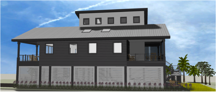 Modern beach or vacation house 3D rendering designed by the architecture firm Born Architects, which serves residential builders in the northwestern Florida area including Port St. Joe, Gulf Breeze, St. George Island, Cape San Blas, Mexico Beach, and