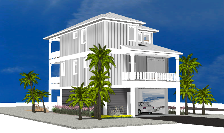 Modern beach or vacation house 3D rendering designed by the architecture firm Born Architects, which serves the northwestern Florida area including Port St. Joe, Gulf Breeze, St. George Island, Cape San Blas, Mexico Beach, and the Emerald Coast.