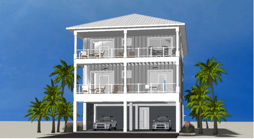 Modern beach or vacation house 3D rendering designed by the architecture firm Born Architects, which serves the northwestern Florida area including Port St. Joe, Gulf Breeze, St. George Island, Cape San Blas, Mexico Beach, and the Emerald Coast.