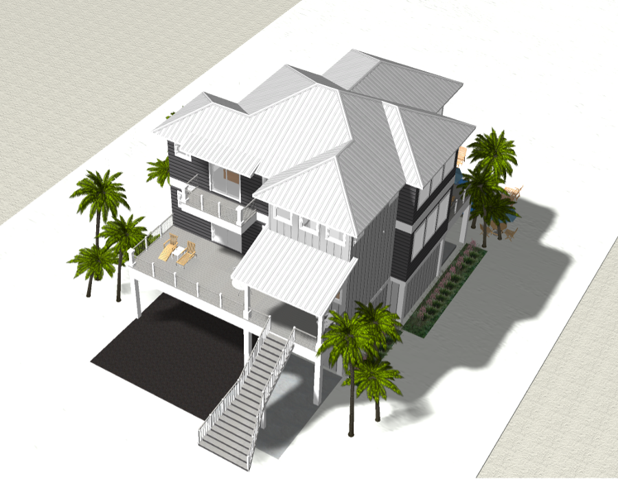 Modern beach or vacation house with a pool 3D rendering designed by the architecture firm Born Architects, which serves residential builders in the northwestern Florida area including Port St. Joe, Gulf Breeze, St. George Island, Cape San Blas, Mexic