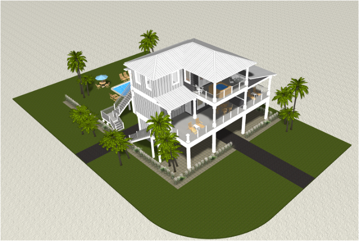 Modern beach or vacation house with a pool 3D rendering designed by the architecture firm Born Architects, which serves the northwestern Florida area including Port St. Joe, Gulf Breeze, St. George Island, Cape San Blas, Mexico Beach, and the Emerald