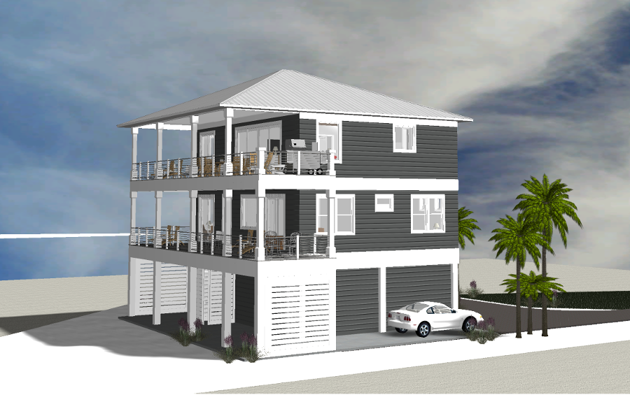 Modern beach or vacation house 3D rendering designed by the architecture firm Born Architects, which serves residential builders in the northwestern Florida area including Port St. Joe, Gulf Breeze, St. George Island, Cape San Blas, Mexico Beach, and