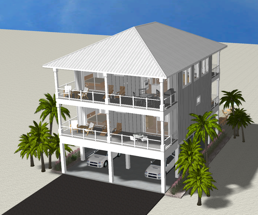 Modern beach or vacation house 3D rendering designed by the architecture firm Born Architects, which serves the northwestern Florida area including Port St. Joe, Gulf Breeze, St. George Island, Cape San Blas, Mexico Beach, and the Emerald Coast.