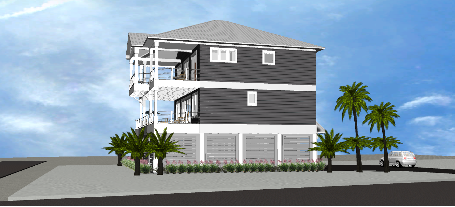 Modern beach or vacation house 3D rendering designed by the architecture firm Born Architects, which serves the northwestern Florida area including Port St. Joe, Gulf Breeze, St. George Island, Cape San Blas, Mexico Beach, and the Emerald Coast.