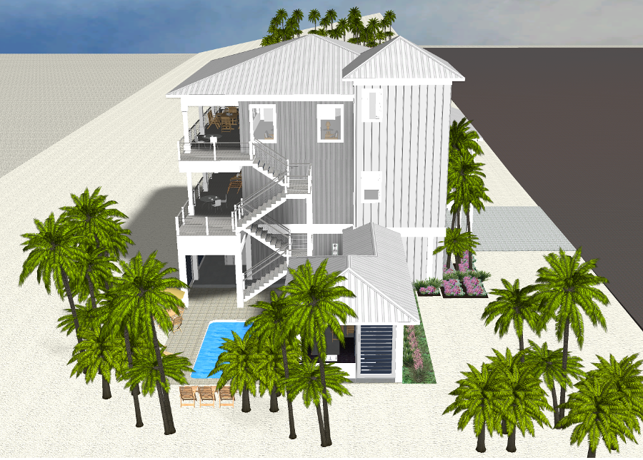 Modern beach or vacation house 3D rendering designed by the architecture firm Born Architects, which serves the northwestern Florida area including Port St. Joe, Gulf Breeze, St. George Island, Cape San Blas, Mexico Beach, and the Emerald Coast.