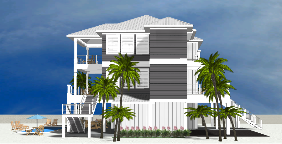 Modern beach or vacation house with a pool 3D rendering designed by the architecture firm Born Architects, which serves residential builders in the northwestern Florida area including Port St. Joe, Gulf Breeze, St. George Island, Cape San Blas, Mexic