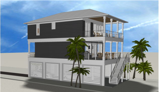 Modern beach or vacation house 3D rendering designed by the architecture firm Born Architects, which serves residential builders in the northwestern Florida area including Port St. Joe, Gulf Breeze, St. George Island, Cape San Blas, Mexico Beach, and
