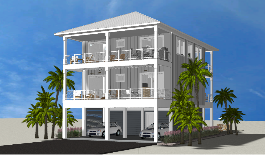 Modern beach or vacation house 3D rendering designed by the architecture firm Born Architects, which serves the northwestern Florida area including Port St. Joe, Gulf Breeze, St. George Island, Cape San Blas, Mexico Beach, and the Emerald Coast.