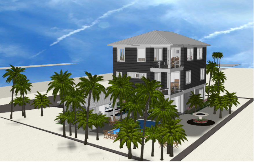 Modern beach or vacation house 3D rendering designed by the architecture firm Born Architects, which serves residential builders in the northwestern Florida area including Port St. Joe, Gulf Breeze, St. George Island, Cape San Blas, Mexico Beach, and