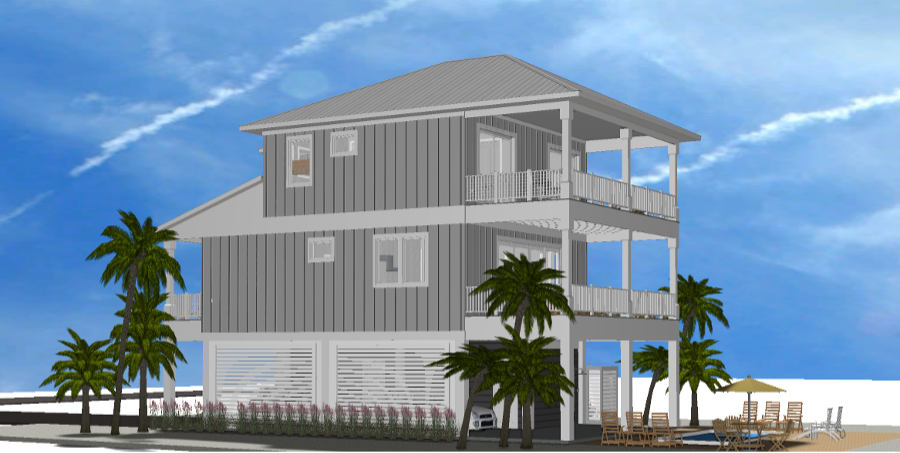 Modern beach or vacation house 3D rendering designed by the architecture firm Born Architects, which serves the northwestern Florida area including Port St. Joe, Gulf Breeze, St. George Island, Cape San Blas, Mexico Beach, and the Emerald Coast.