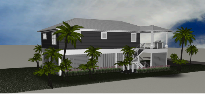 Modern beach or vacation house 3D rendering designed by the architecture firm Born Architects, which serves the northwestern Florida area including Port St. Joe, Gulf Breeze, St. George Island, Cape San Blas, Mexico Beach, and the Emerald Coast.