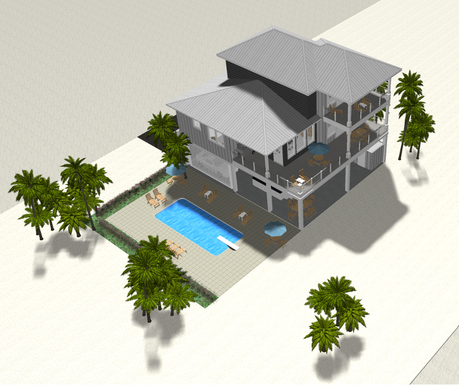 Modern beach or vacation house 3D rendering designed by the architecture firm Born Architects, which serves residential builders in the northwestern Florida area including Port St. Joe, Gulf Breeze, St. George Island, Cape San Blas, Mexico Beach, and