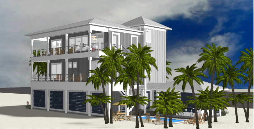 Modern beach or vacation house 3D rendering designed by the architecture firm Born Architects, which serves the northwestern Florida area including Port St. Joe, Gulf Breeze, St. George Island, Cape San Blas, Mexico Beach, and the Emerald Coast.