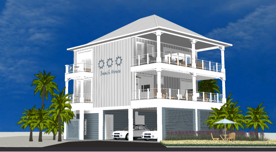 Modern beach or vacation house 3D rendering designed by the architecture firm Born Architects, which serves residential builders in the northwestern Florida area including Port St. Joe, Gulf Breeze, St. George Island, Cape San Blas, Mexico Beach, and