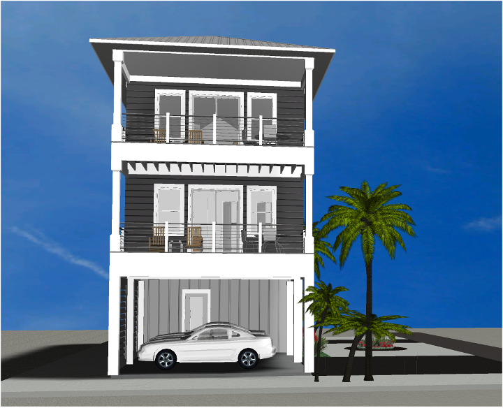 Modern beach or vacation house 3D rendering designed by the architecture firm Born Architects, which serves residential builders in the northwestern Florida area including Port St. Joe, Gulf Breeze, St. George Island, Cape San Blas, Mexico Beach, and