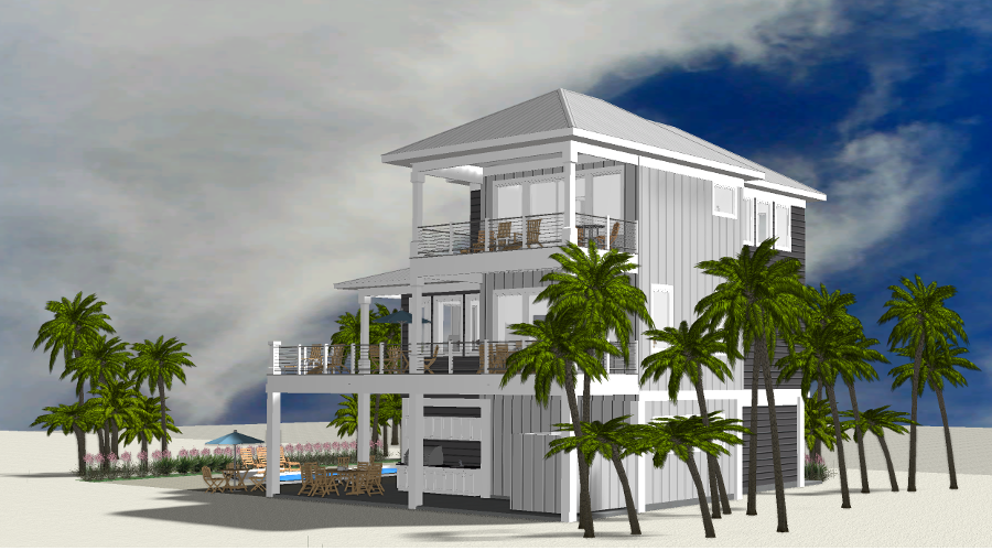 Modern beach or vacation house 3D rendering designed by the architecture firm Born Architects, which serves residential builders in the northwestern Florida area including Port St. Joe, Gulf Breeze, St. George Island, Cape San Blas, Mexico Beach, and