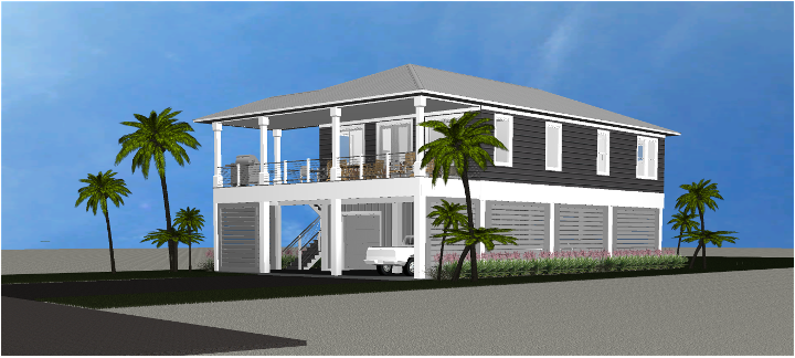 Modern beach or vacation house 3D rendering designed by the architecture firm Born Architects, which serves the northwestern Florida area including Port St. Joe, Gulf Breeze, St. George Island, Cape San Blas, Mexico Beach, and the Emerald Coast.