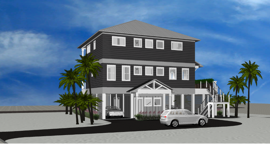 Modern beach or vacation house 3D rendering designed by the architecture firm Born Architects, which serves the northwestern Florida area including Port St. Joe, Gulf Breeze, St. George Island, Cape San Blas, Mexico Beach, and the Emerald Coast.