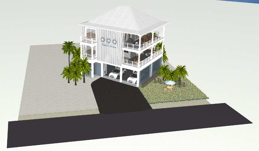 Modern beach or vacation house 3D rendering designed by the architecture firm Born Architects, which serves residential builders in the northwestern Florida area including Port St. Joe, Gulf Breeze, St. George Island, Cape San Blas, Mexico Beach, and