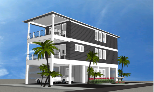 Modern beach or vacation house 3D rendering designed by the architecture firm Born Architects, which serves residential builders in the northwestern Florida area including Port St. Joe, Gulf Breeze, St. George Island, Cape San Blas, Mexico Beach, and
