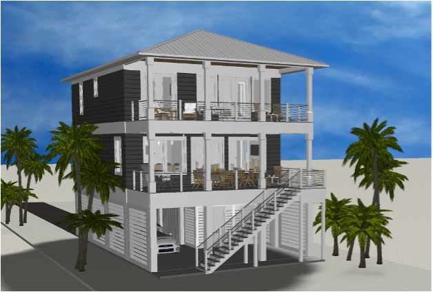 Modern beach or vacation house 3D rendering designed by the architecture firm Born Architects, which serves residential builders in the northwestern Florida area including Port St. Joe, Gulf Breeze, St. George Island, Cape San Blas, Mexico Beach, and