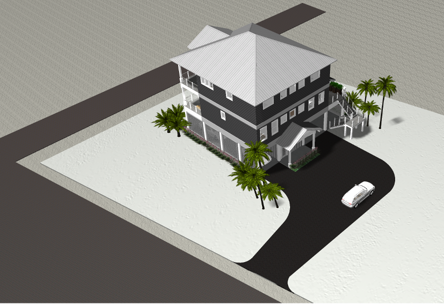 Modern beach or vacation house 3D rendering designed by the architecture firm Born Architects, which serves the northwestern Florida area including Port St. Joe, Gulf Breeze, St. George Island, Cape San Blas, Mexico Beach, and the Emerald Coast.