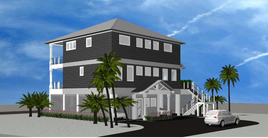 Modern beach or vacation house 3D rendering designed by the architecture firm Born Architects, which serves the northwestern Florida area including Port St. Joe, Gulf Breeze, St. George Island, Cape San Blas, Mexico Beach, and the Emerald Coast.