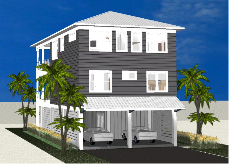 Modern beach or vacation house 3D rendering designed by the architecture firm Born Architects, which serves the northwestern Florida area including Port St. Joe, Gulf Breeze, St. George Island, Cape San Blas, Mexico Beach, and the Emerald Coast.