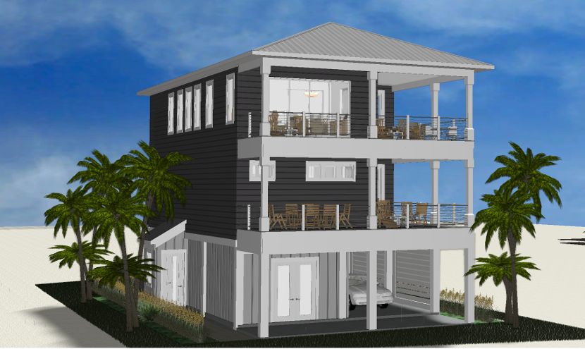 Modern beach or vacation house 3D rendering designed by the architecture firm Born Architects, which serves the northwestern Florida area including Port St. Joe, Gulf Breeze, St. George Island, Cape San Blas, Mexico Beach, and the Emerald Coast.