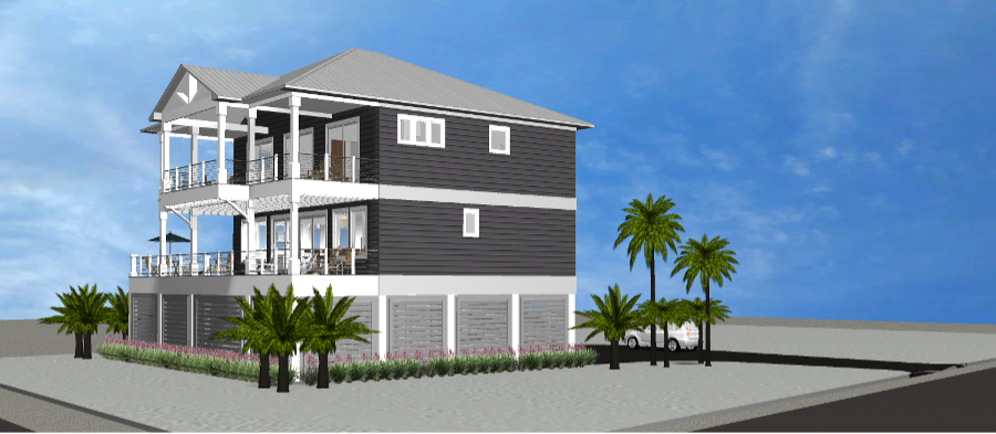 Modern beach or vacation house 3D rendering designed by the architecture firm Born Architects, which serves the northwestern Florida area including Port St. Joe, Gulf Breeze, St. George Island, Cape San Blas, Mexico Beach, and the Emerald Coast.